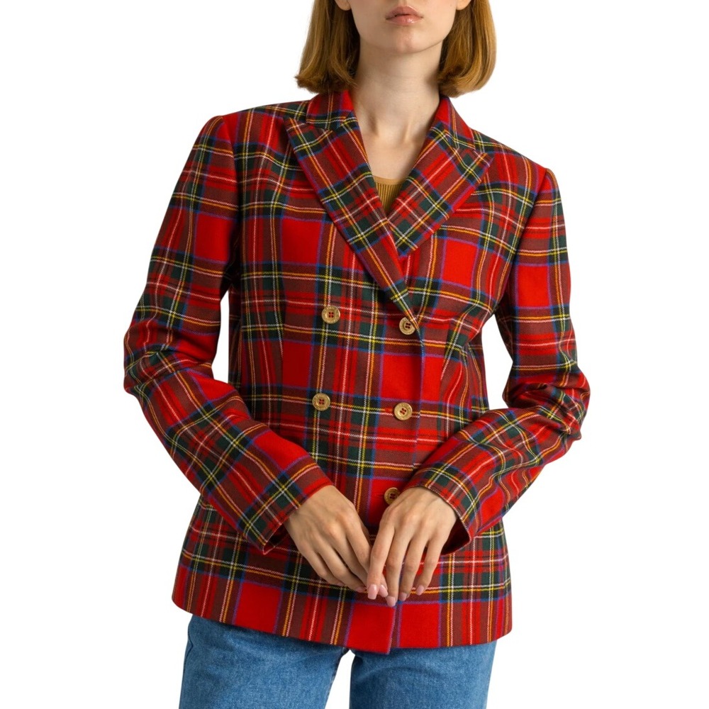 Vintage 100% Silk Red Plaid Blazer Double Breasted Jacket Sz M 90s Heritage Suit